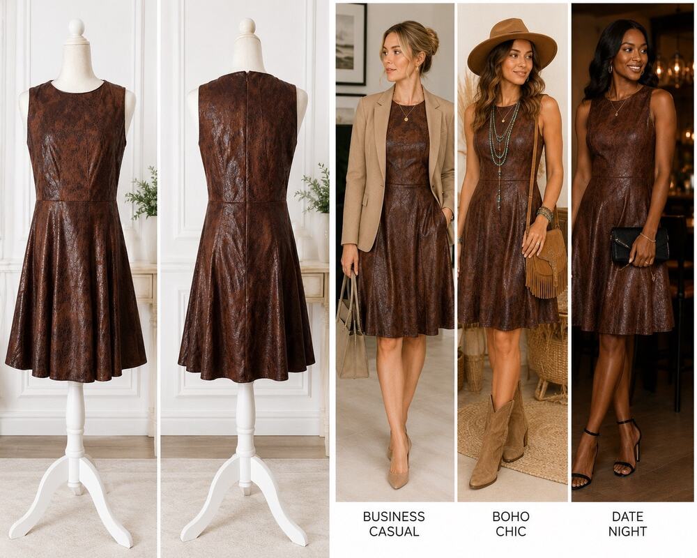 Vince Camuto Brown Faux Leather Fit & Flare Dress Size 10 Western Chic